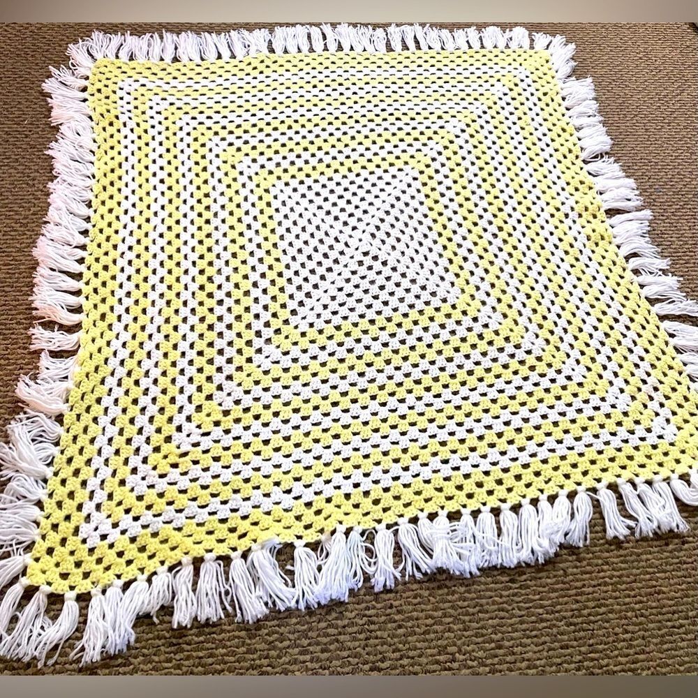 Crocheted Baby Blanket Yellow & White Handmade 45”X45”